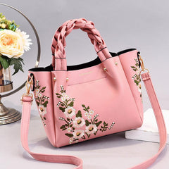Flower Embroidery Durable Shoulder Bag Double Handle Tote Handbag