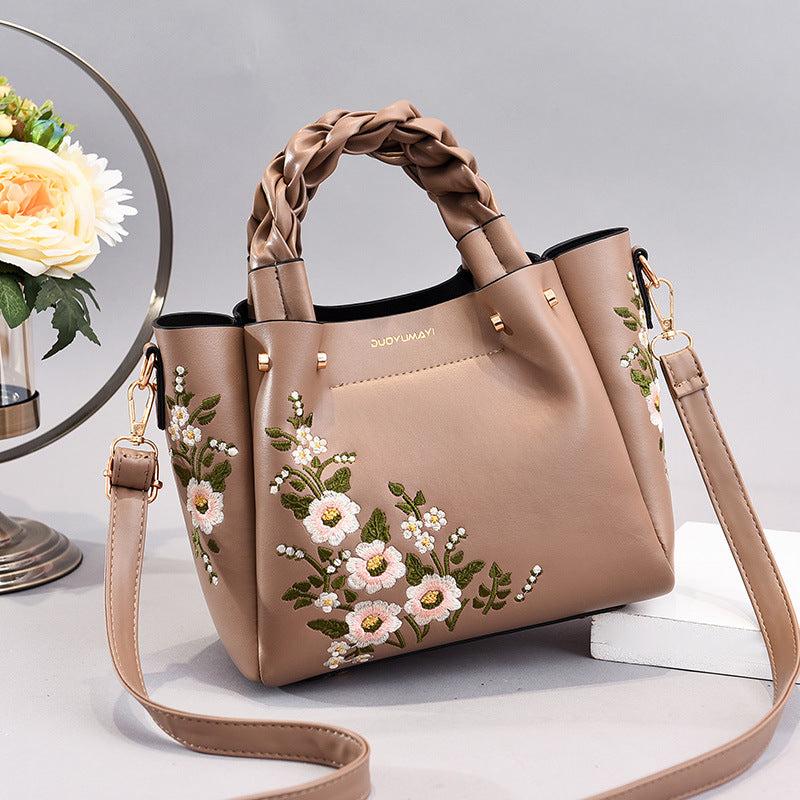 Flower Embroidery Durable Shoulder Bag Double Handle Tote Handbag