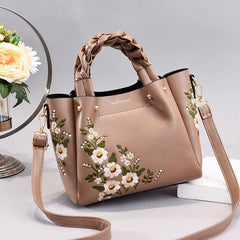 Flower Embroidery Durable Shoulder Bag Double Handle Tote Handbag