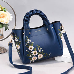 Flower Embroidery Durable Shoulder Bag Double Handle Tote Handbag