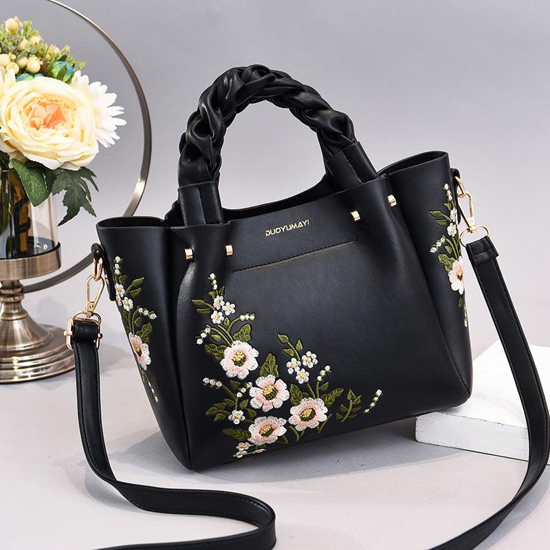 Flower Embroidery Durable Shoulder Bag Double Handle Tote Handbag