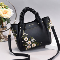 Flower Embroidery Durable Shoulder Bag Double Handle Tote Handbag