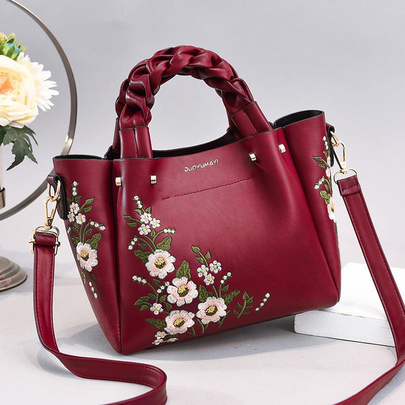 Flower Embroidery Durable Shoulder Bag Double Handle Tote Handbag