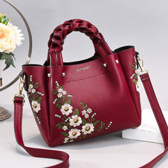 Flower Embroidery Durable Shoulder Bag Double Handle Tote Handbag