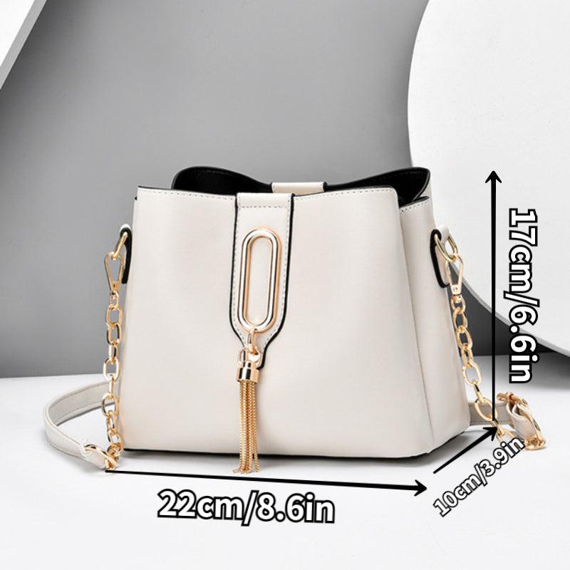 Stylish Bucket Bag with Chain Crossbody Strap and Tassel Detail