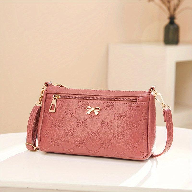 Embossed Crossbody Bag with Bow Decor, Small Zipper Purse