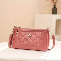 Embossed Crossbody Bag with Bow Decor, Small Zipper Purse