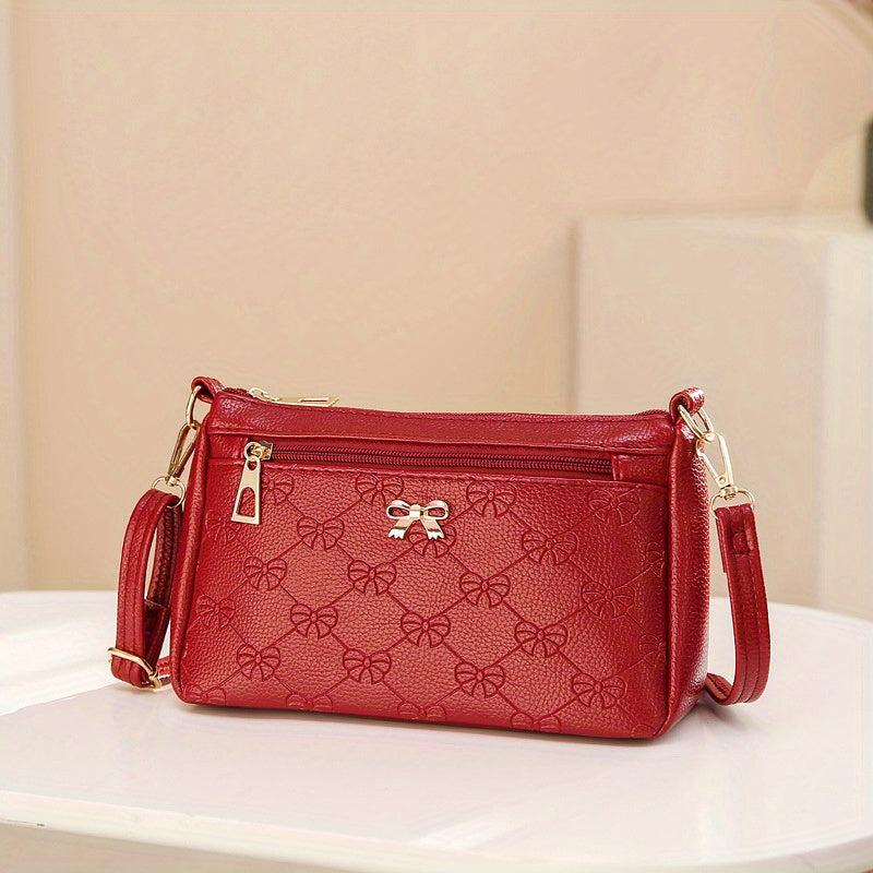Embossed Crossbody Bag with Bow Decor, Small Zipper Purse