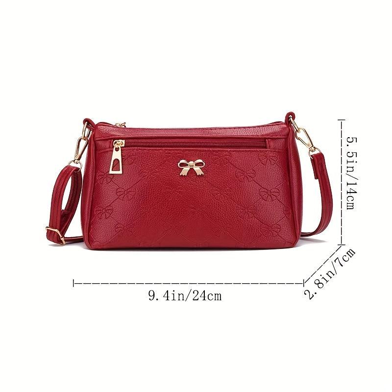 Embossed Crossbody Bag with Bow Decor, Small Zipper Purse