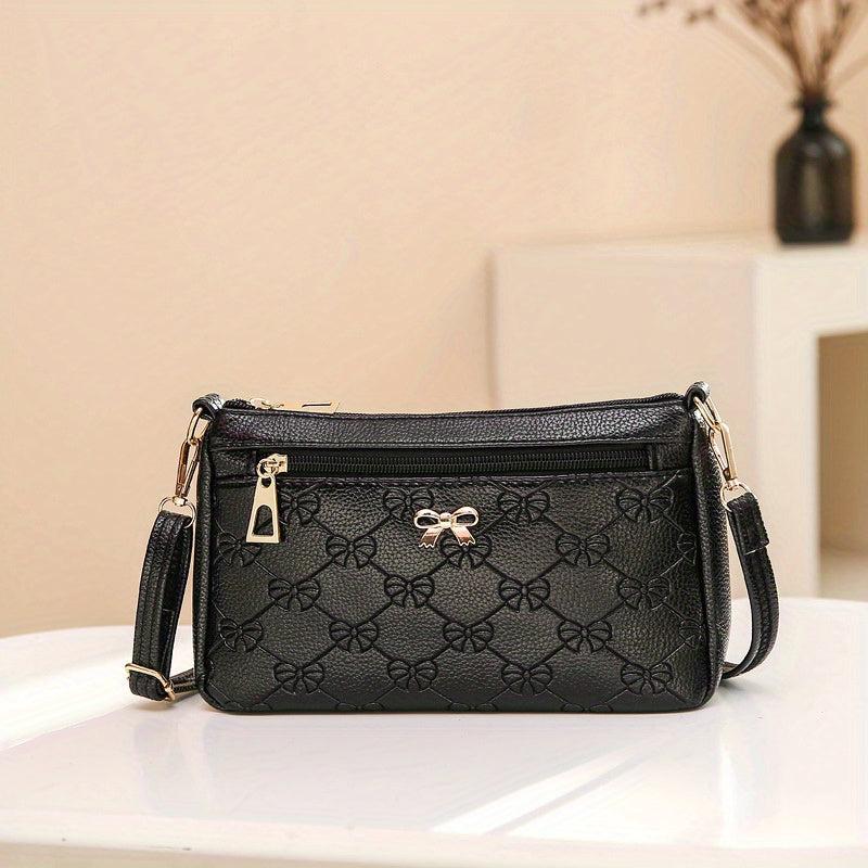 Embossed Crossbody Bag with Bow Decor, Small Zipper Purse