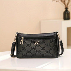 Embossed Crossbody Bag with Bow Decor, Small Zipper Purse