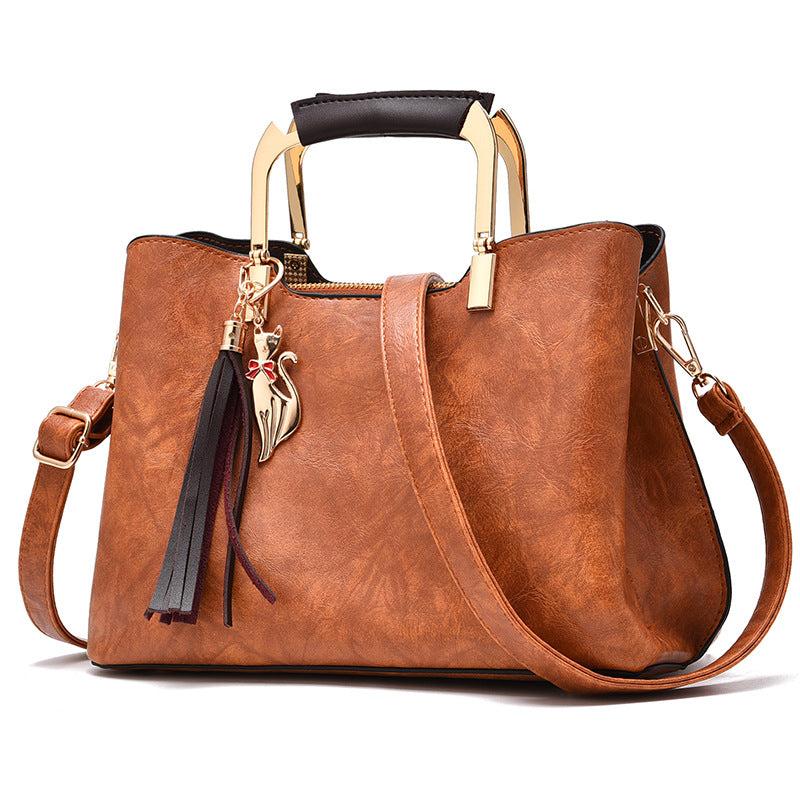 Plain Handle Bag With Fox & Tassel Decor Large Capacity Crossbody Bag