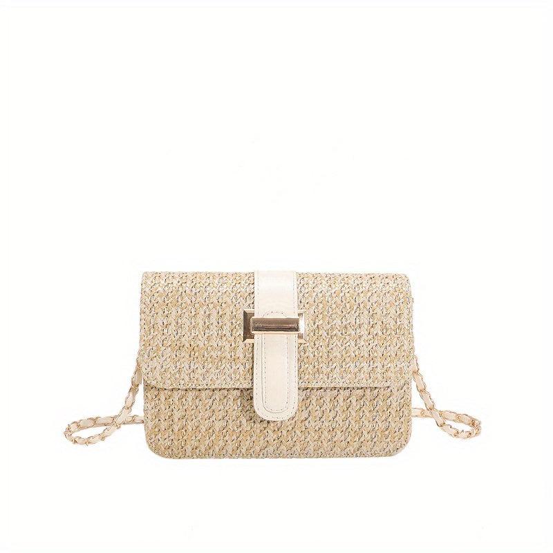 Boho Straw Crossbody Bag Square Purse Chain Beach Vacation