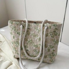 Straw Magnet Tote Bag with Plant Lace Cover