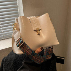 Vintage Crossbody Bucket Bag Wide Strap Turn Lock Faux Leather Bag