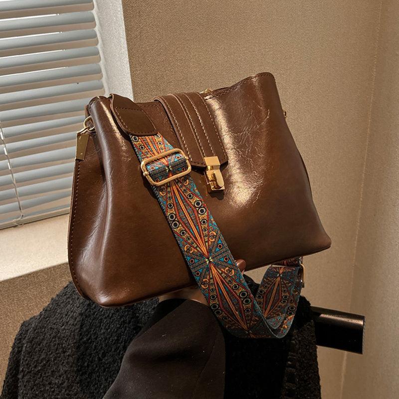 Vintage Crossbody Bucket Bag Wide Strap Turn Lock Faux Leather Bag