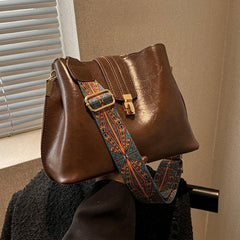 Vintage Crossbody Bucket Bag Wide Strap Turn Lock Faux Leather Bag