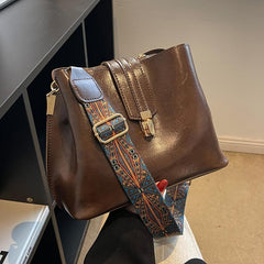 Vintage Crossbody Bucket Bag Wide Strap Turn Lock Faux Leather Bag