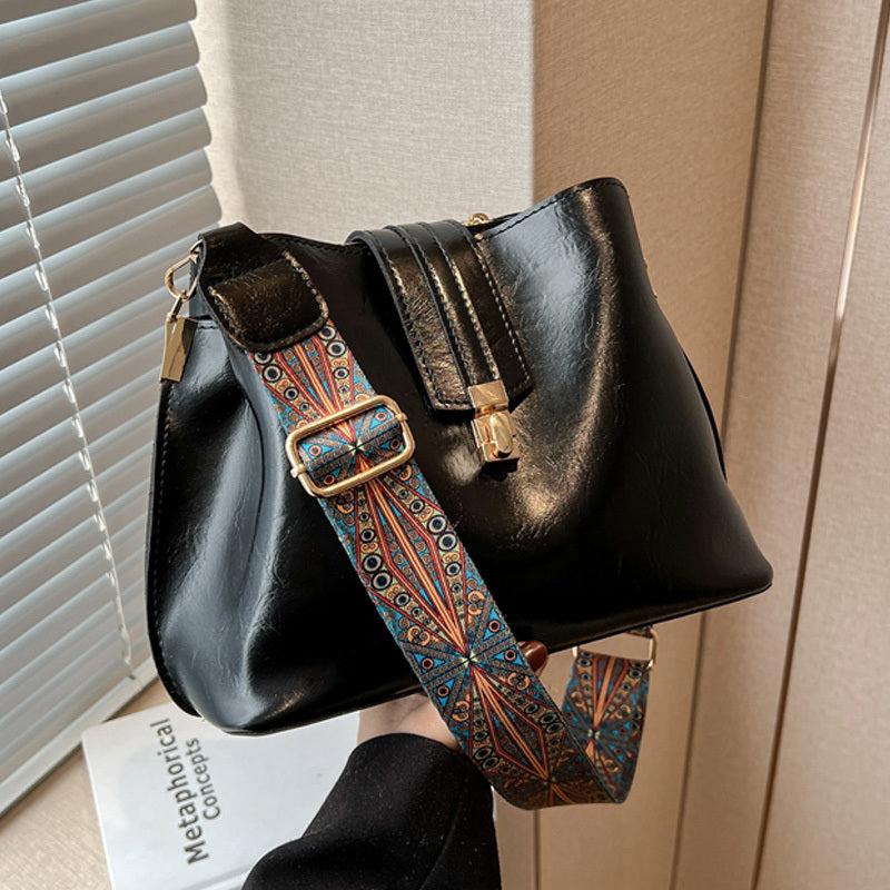 Vintage Crossbody Bucket Bag Wide Strap Turn Lock Faux Leather Bag