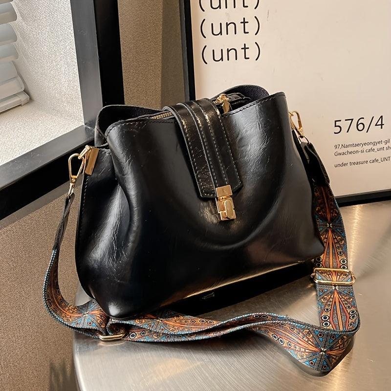 Vintage Crossbody Bucket Bag Wide Strap Turn Lock Faux Leather Bag