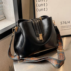 Vintage Crossbody Bucket Bag Wide Strap Turn Lock Faux Leather Bag