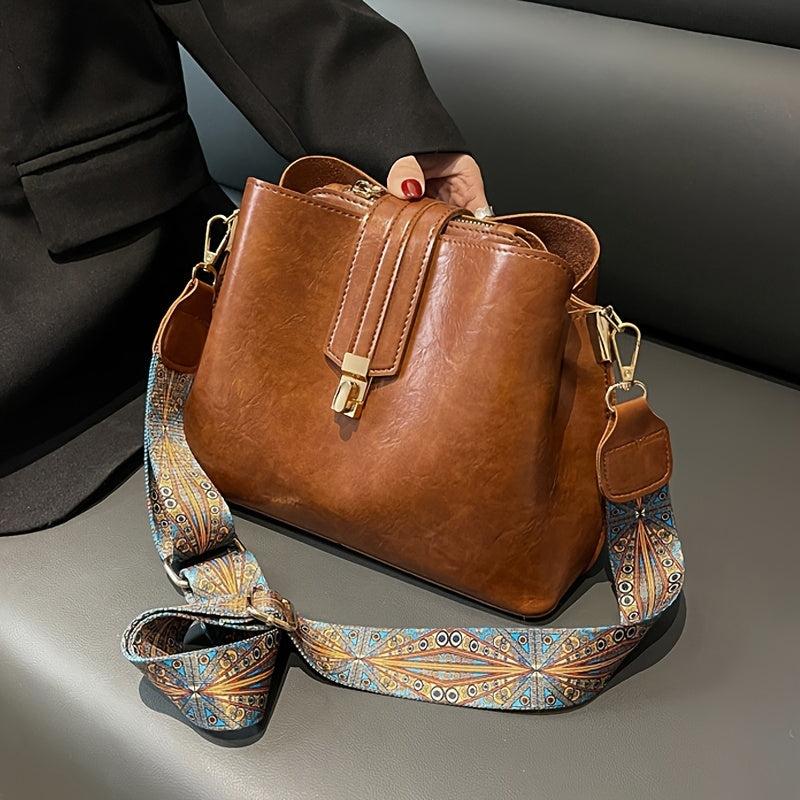 Vintage Crossbody Bucket Bag Wide Strap Turn Lock Faux Leather Bag