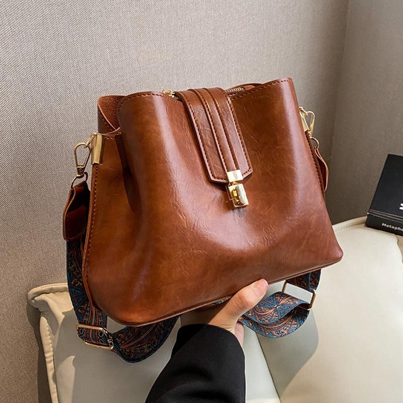 Vintage Crossbody Bucket Bag Wide Strap Turn Lock Faux Leather Bag
