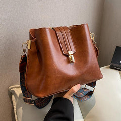 Vintage Crossbody Bucket Bag Wide Strap Turn Lock Faux Leather Bag