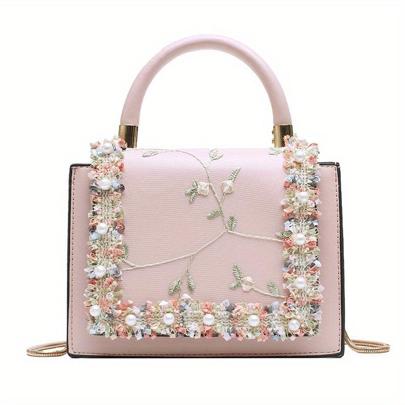 Flower Embroidered Shoulder Bag Lace Decor Square Crossbody
