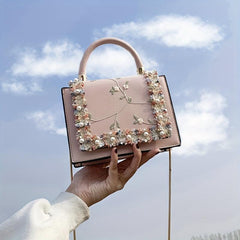 Flower Embroidered Shoulder Bag Lace Decor Square Crossbody