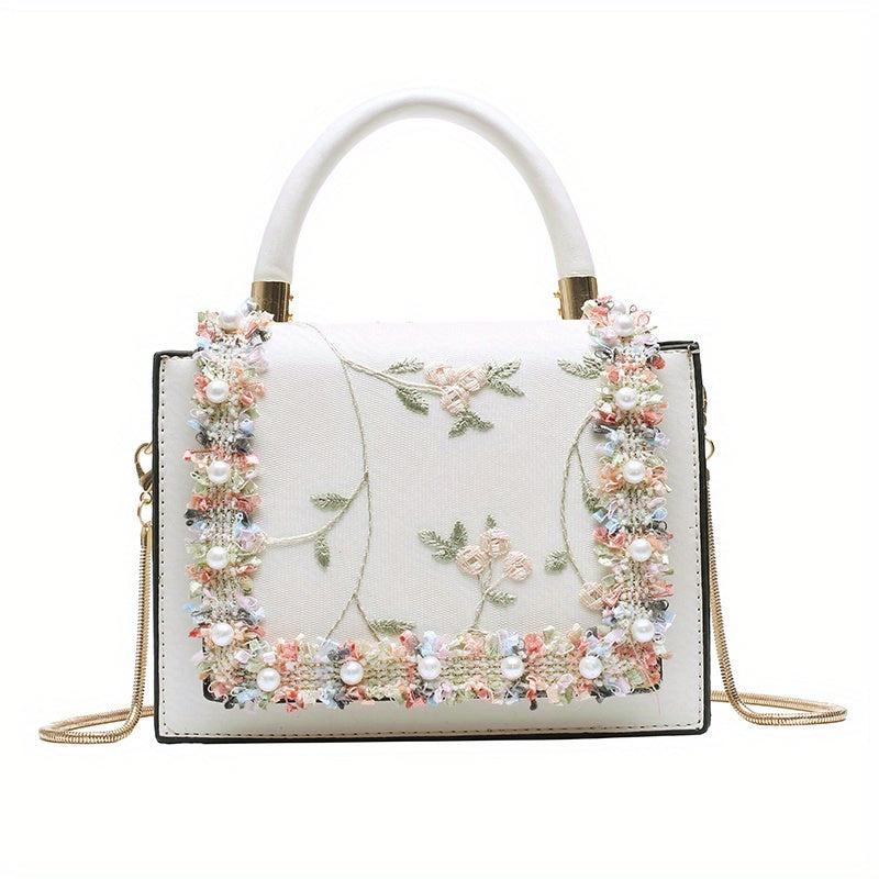 Flower Embroidered Shoulder Bag Lace Decor Square Crossbody