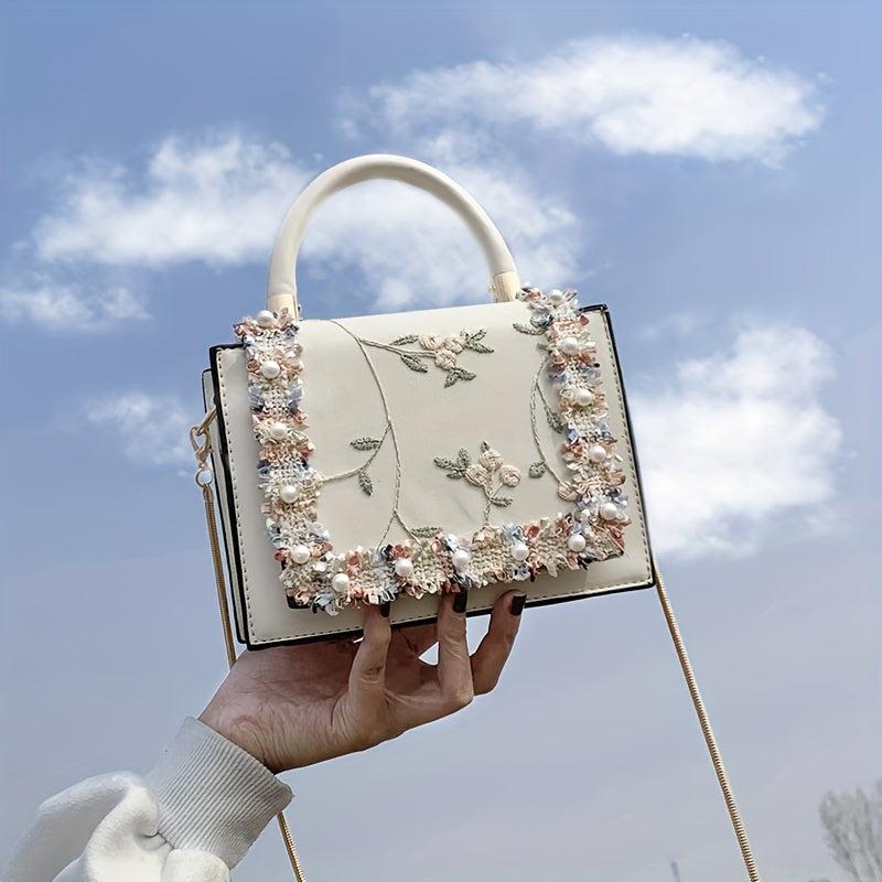 Flower Embroidered Shoulder Bag Lace Decor Square Crossbody