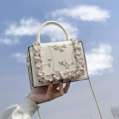Flower Embroidered Shoulder Bag Lace Decor Square Crossbody