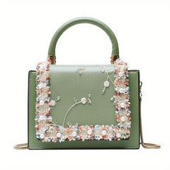 Flower Embroidered Shoulder Bag Lace Decor Square Crossbody