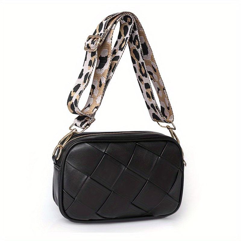 Retro Style Crossbody Bag Woven Square Purse Leopard Strap Shoulder Bag