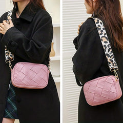 Retro Style Crossbody Bag Woven Square Purse Leopard Strap Shoulder Bag
