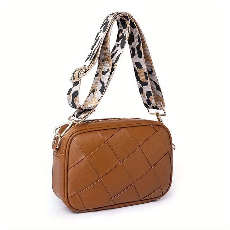 Retro Style Crossbody Bag Woven Square Purse Leopard Strap Shoulder Bag