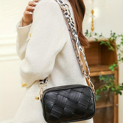 Retro Style Crossbody Bag Woven Square Purse Leopard Strap Shoulder Bag