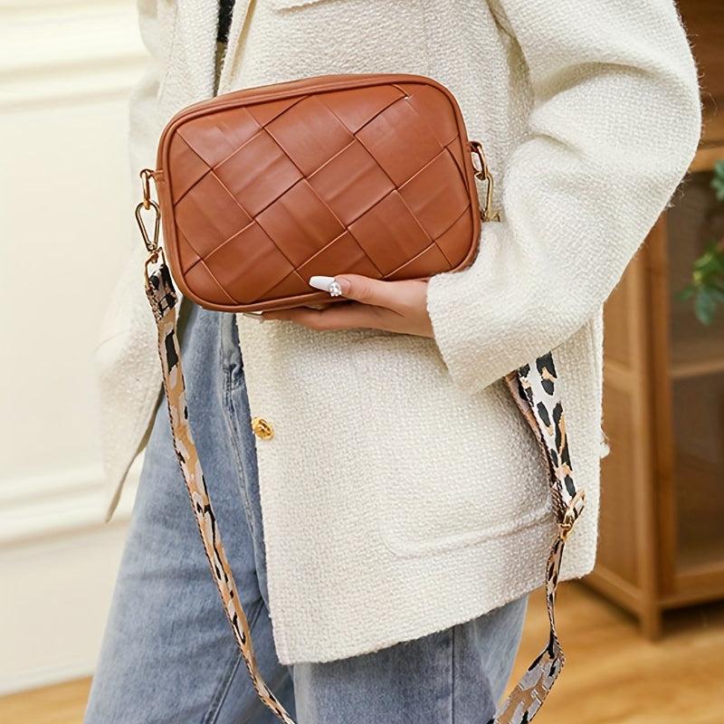 Retro Style Crossbody Bag Woven Square Purse Leopard Strap Shoulder Bag
