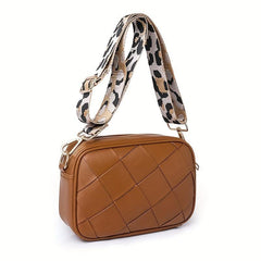 Retro Style Crossbody Bag Woven Square Purse Leopard Strap Shoulder Bag