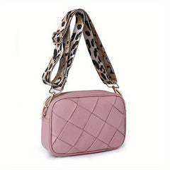 Retro Style Crossbody Bag Woven Square Purse Leopard Strap Shoulder Bag