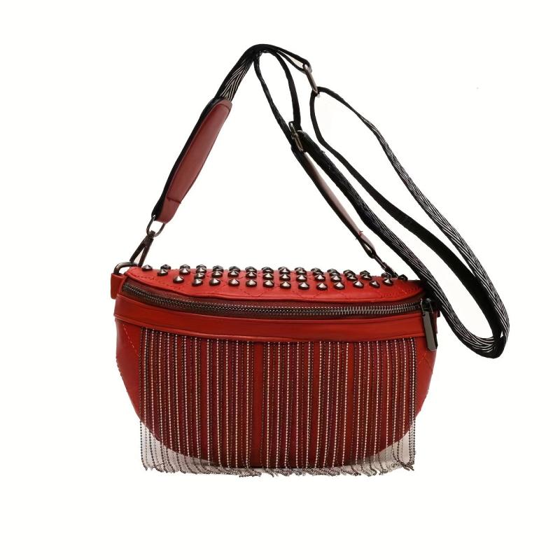 Fringe Fanny Pack Gothic Studded Crossbody Bag Women's PU Leather Chest Purse