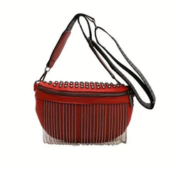 Fringe Fanny Pack Gothic Studded Crossbody Bag Women's PU Leather Chest Purse