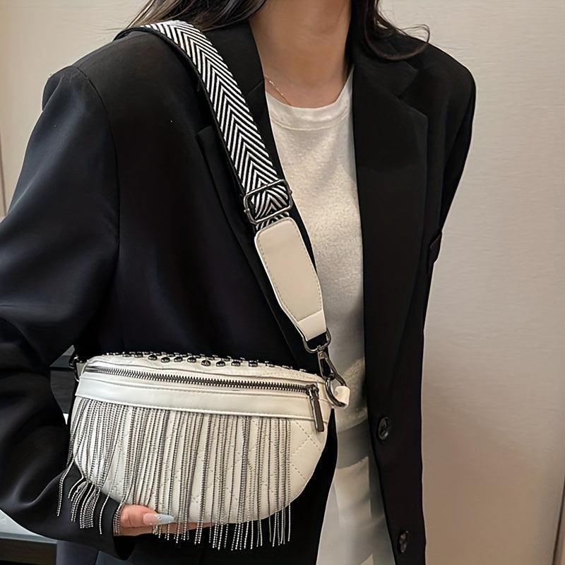 Fringe Fanny Pack Gothic Studded Crossbody Bag Women's PU Leather Chest Purse