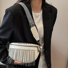 Fringe Fanny Pack Gothic Studded Crossbody Bag Women's PU Leather Chest Purse