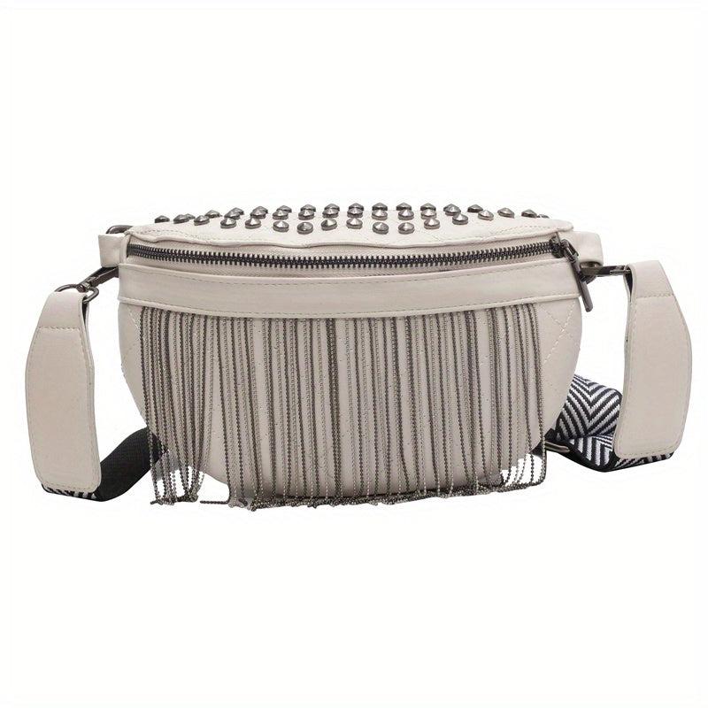 Fringe Fanny Pack Gothic Studded Crossbody Bag Women's PU Leather Chest Purse