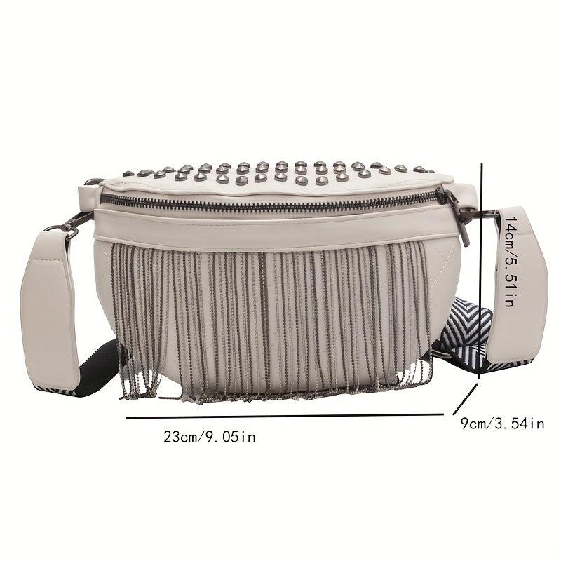 Fringe Fanny Pack Gothic Studded Crossbody Bag Women's PU Leather Chest Purse