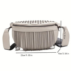 Fringe Fanny Pack Gothic Studded Crossbody Bag Women's PU Leather Chest Purse