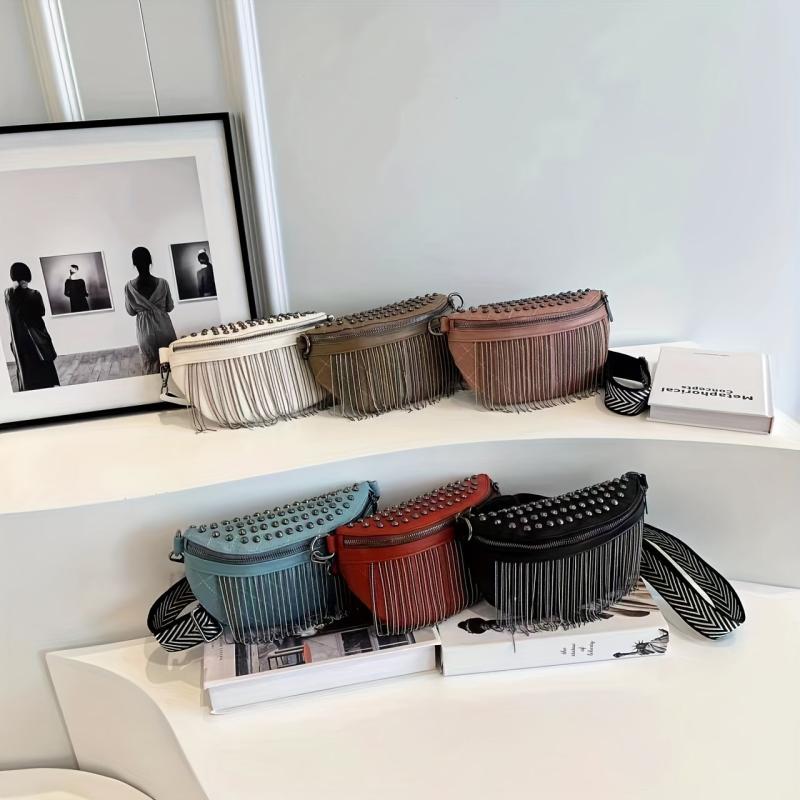Fringe Fanny Pack Gothic Studded Crossbody Bag Women's PU Leather Chest Purse
