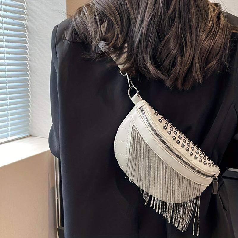Fringe Fanny Pack Gothic Studded Crossbody Bag Women's PU Leather Chest Purse